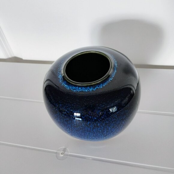 Japanese Blue Black Flambe Drip Glaze Vase 4.5" Vintage Japan Frogskin Pottery - Picture 10 of 11